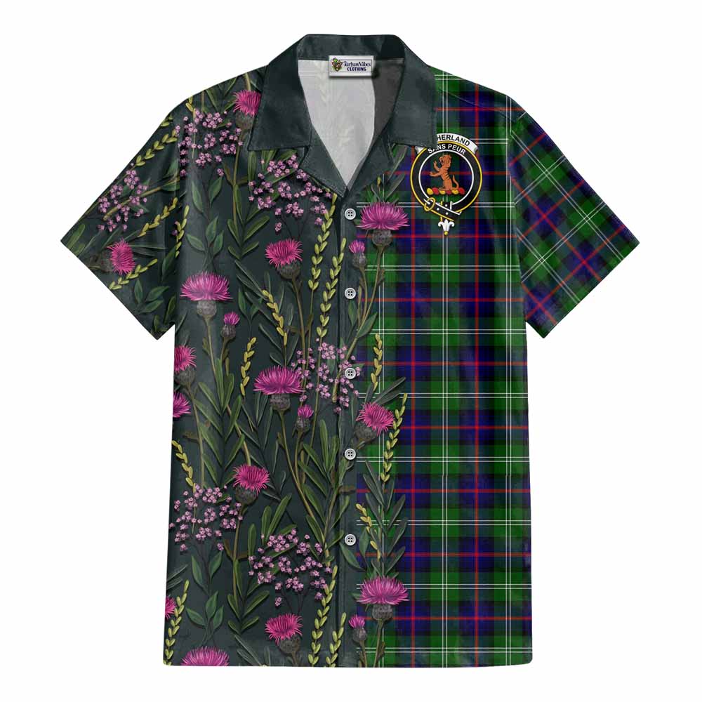Sutherland Family Crest Tartan Cotton Hawaiian Shirt Scottish Thistle Flower Pattern Half Style - Tartan Vibes Clothing