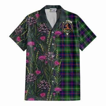 Sutherland Family Crest Tartan Cotton Hawaiian Shirt Scottish Thistle Flower Pattern Half Style