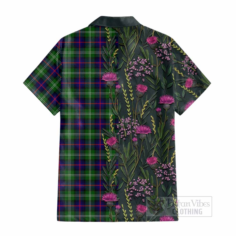 Sutherland Family Crest Tartan Cotton Hawaiian Shirt Scottish Thistle Flower Pattern Half Style - Tartan Vibes Clothing