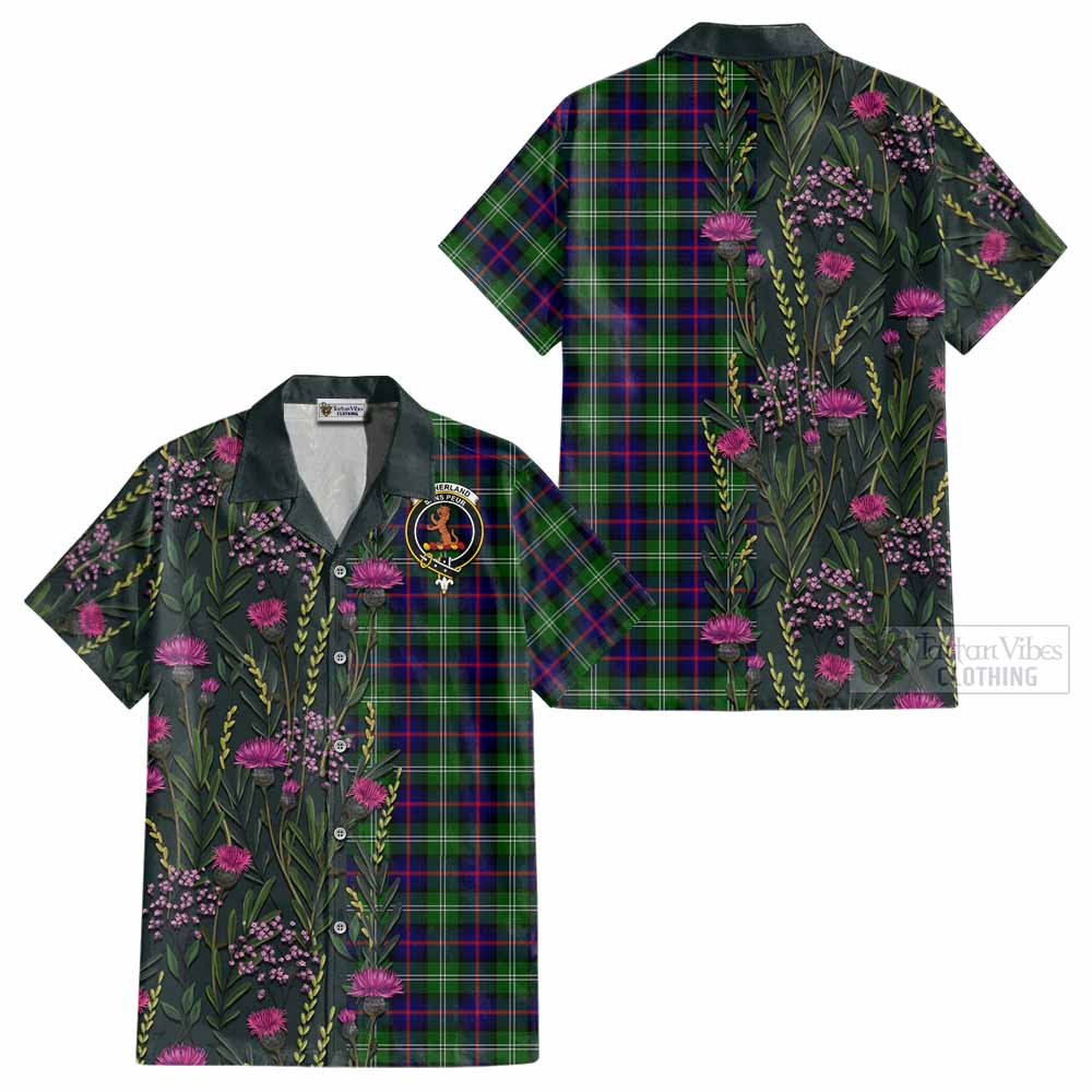 Sutherland Family Crest Tartan Cotton Hawaiian Shirt Scottish Thistle Flower Pattern Half Style - Tartan Vibes Clothing