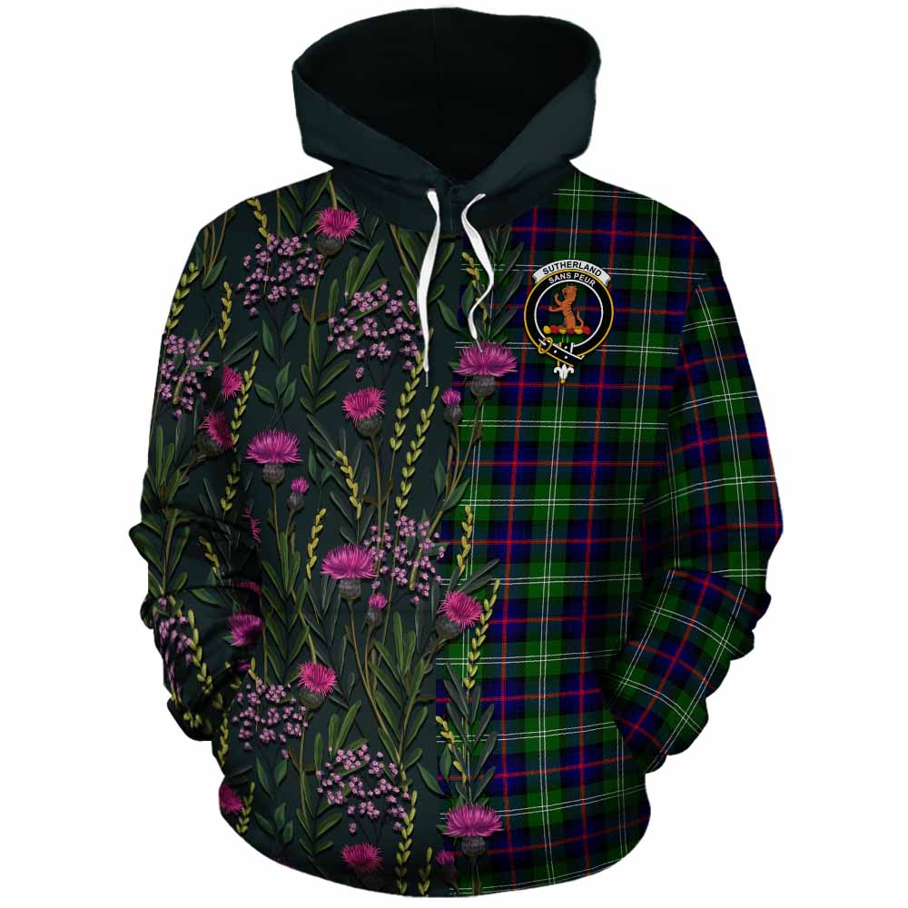 Sutherland Family Crest Tartan Cotton Hoodie Scottish Thistle Flower Pattern Half Style - Tartan Vibes Clothing
