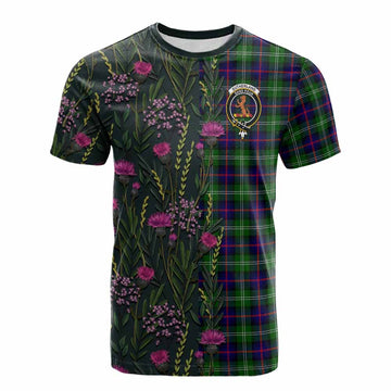 Sutherland Family Crest Tartan Cotton T-shirt Scottish Thistle Flower Pattern Half Style