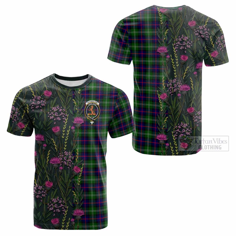 Sutherland Family Crest Tartan Cotton T-shirt Scottish Thistle Flower Pattern Half Style - Tartan Vibes Clothing
