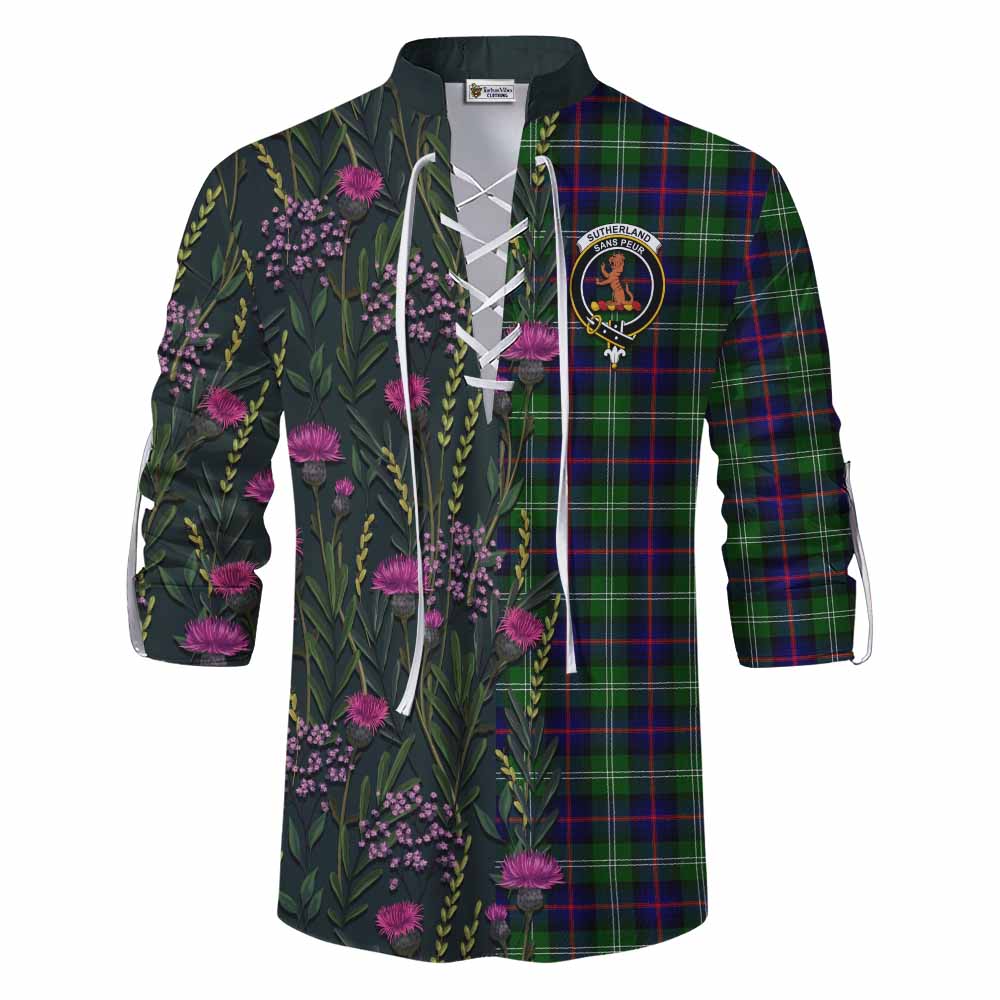 Sutherland Family Crest Tartan Ghillie Shirt Scottish Thistle Flower Pattern Half Style - Tartan Vibes Clothing