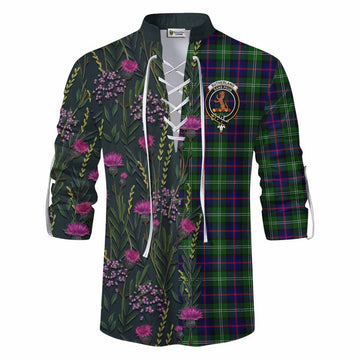 Sutherland Family Crest Tartan Ghillie Shirt Scottish Thistle Flower Pattern Half Style