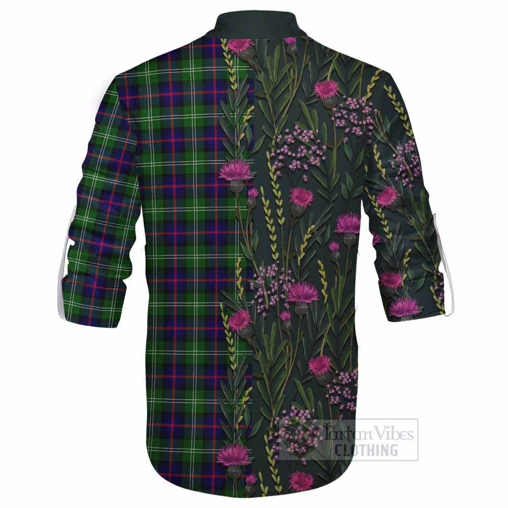 Sutherland Family Crest Tartan Ghillie Shirt Scottish Thistle Flower Pattern Half Style - Tartan Vibes Clothing