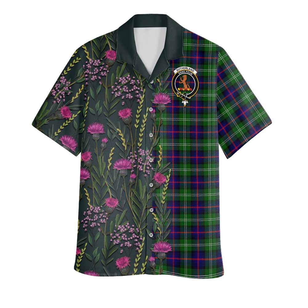 Sutherland Family Crest Tartan Hawaiian Shirt Scottish Thistle Flower Pattern Half Style - Tartan Vibes Clothing