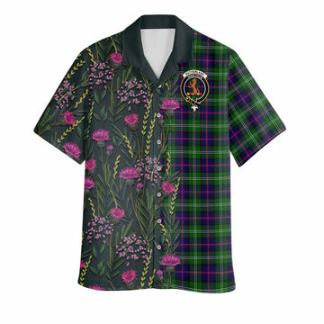 Sutherland Family Crest Tartan Hawaiian Shirt Scottish Thistle Flower Pattern Half Style