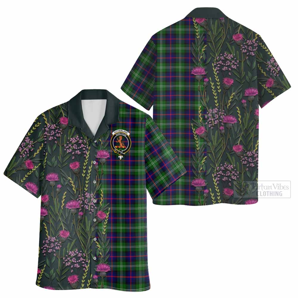 Sutherland Family Crest Tartan Hawaiian Shirt Scottish Thistle Flower Pattern Half Style - Tartan Vibes Clothing