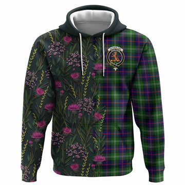 Sutherland Family Crest Tartan Hoodie Scottish Thistle Flower Pattern Half Style