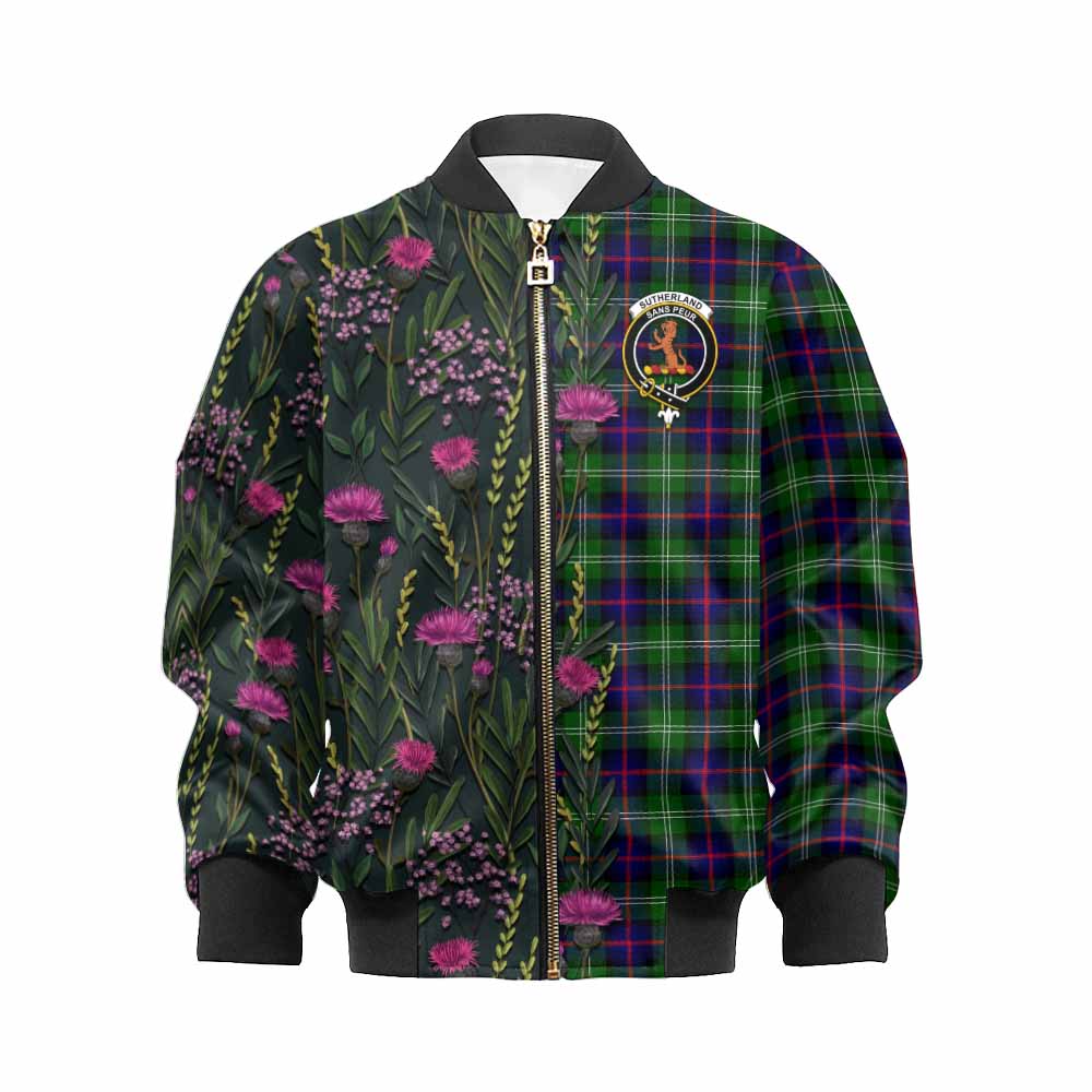 Sutherland Family Crest Tartan Kid Bomber Jacket Scottish Thistle Flower Pattern Half Style - Tartan Vibes Clothing