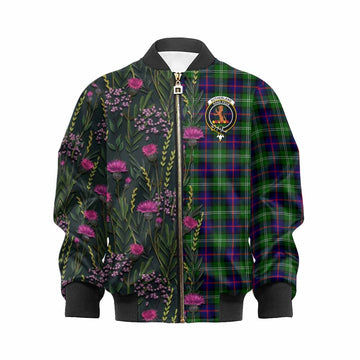 Sutherland Family Crest Tartan Kid Bomber Jacket Scottish Thistle Flower Pattern Half Style