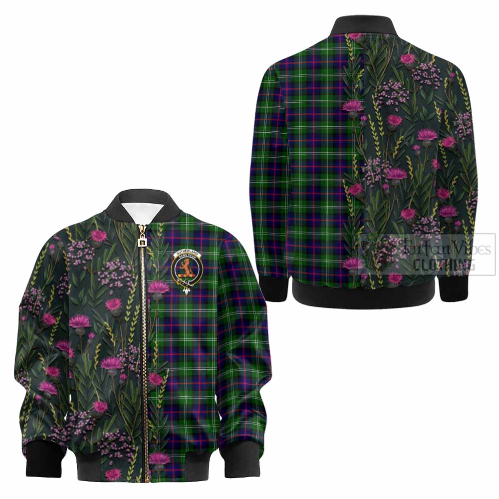 Sutherland Family Crest Tartan Kid Bomber Jacket Scottish Thistle Flower Pattern Half Style - Tartan Vibes Clothing