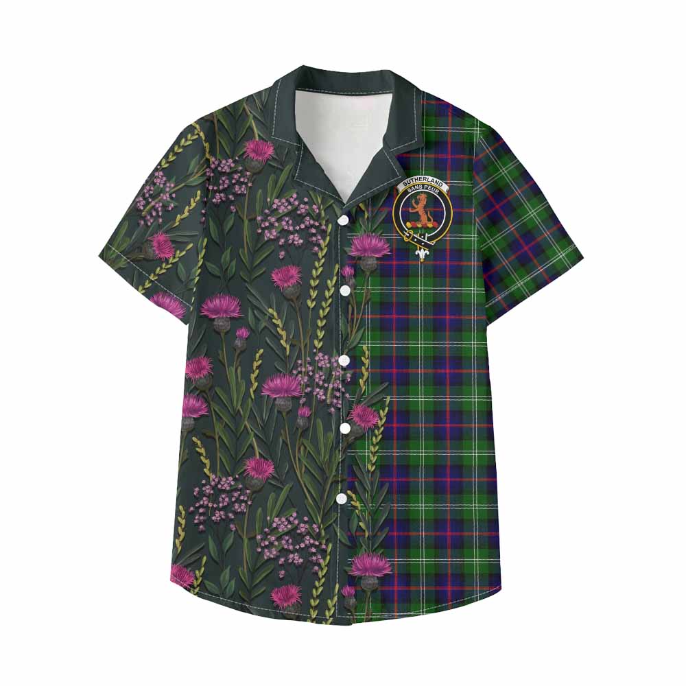 Sutherland Family Crest Tartan Kid Hawaiian Shirt Scottish Thistle Flower Pattern Half Style - Tartan Vibes Clothing