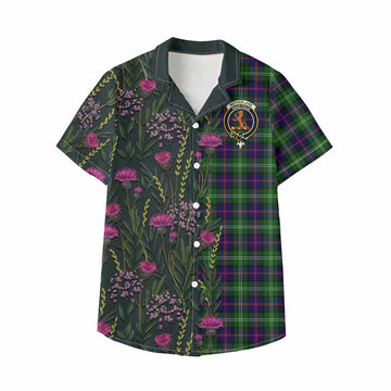 Sutherland Family Crest Tartan Kid Hawaiian Shirt Scottish Thistle Flower Pattern Half Style - Tartan Vibes Clothing