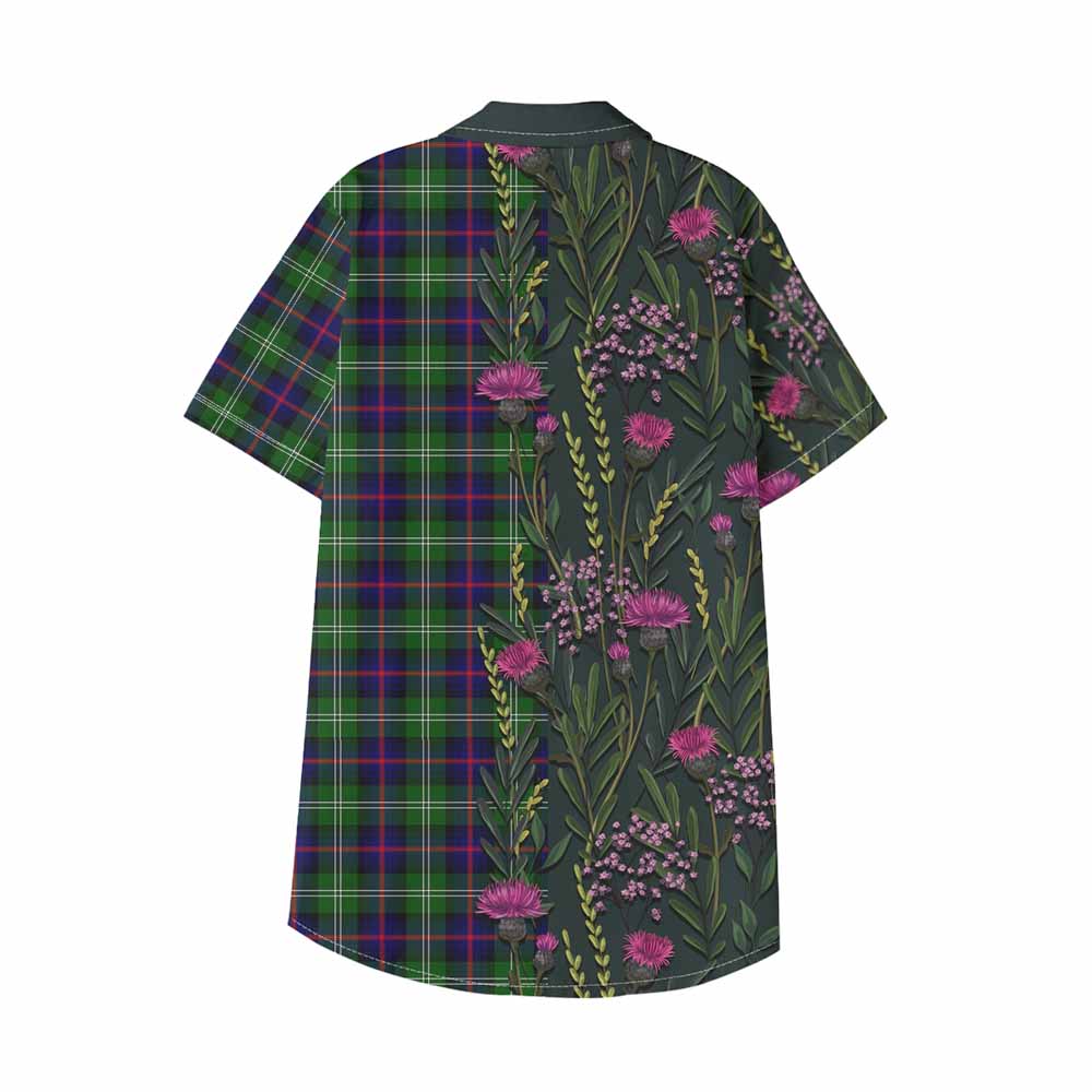 Sutherland Family Crest Tartan Kid Hawaiian Shirt Scottish Thistle Flower Pattern Half Style - Tartan Vibes Clothing
