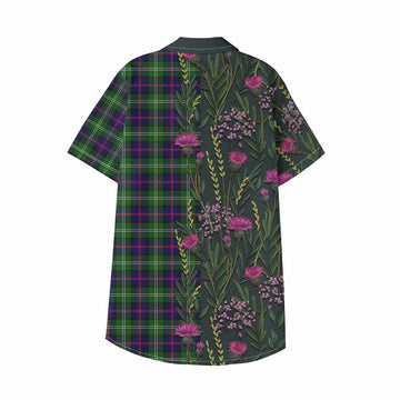 Sutherland Family Crest Tartan Kid Hawaiian Shirt Scottish Thistle Flower Pattern Half Style - Tartan Vibes Clothing