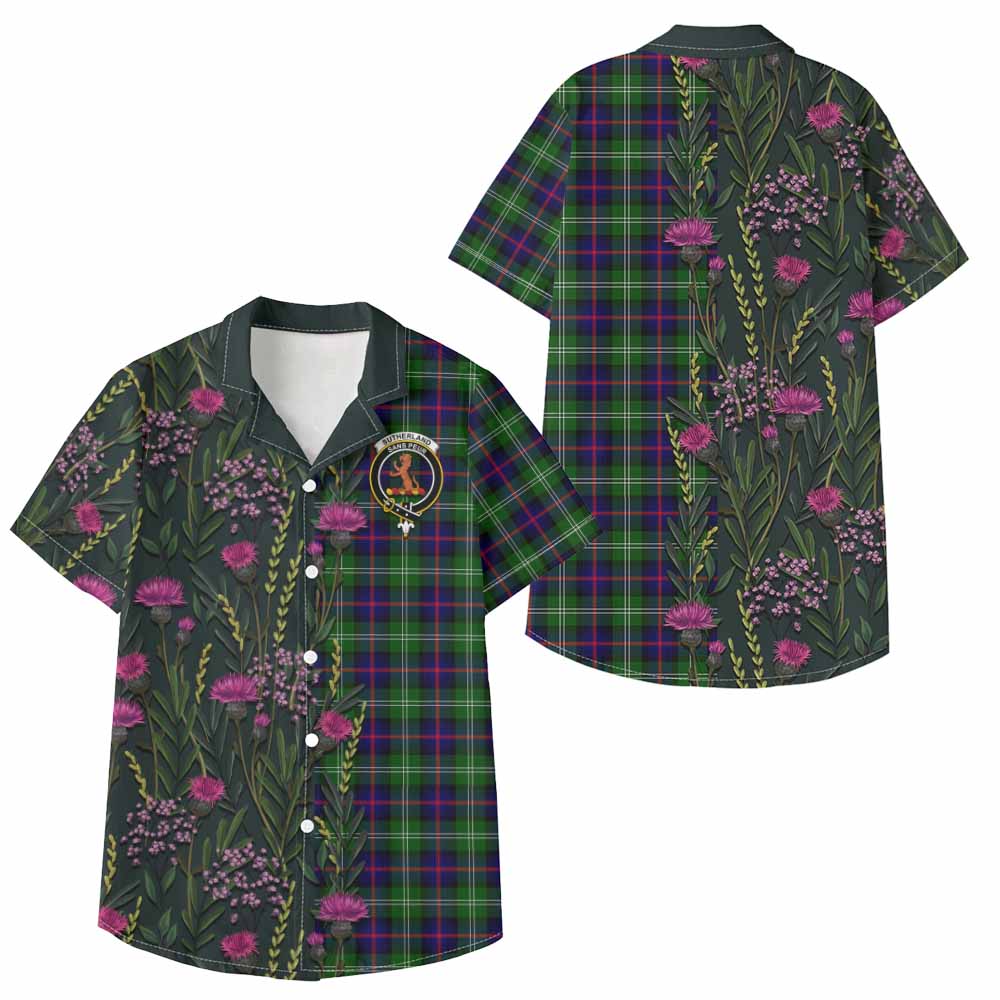 Sutherland Family Crest Tartan Kid Hawaiian Shirt Scottish Thistle Flower Pattern Half Style - Tartan Vibes Clothing