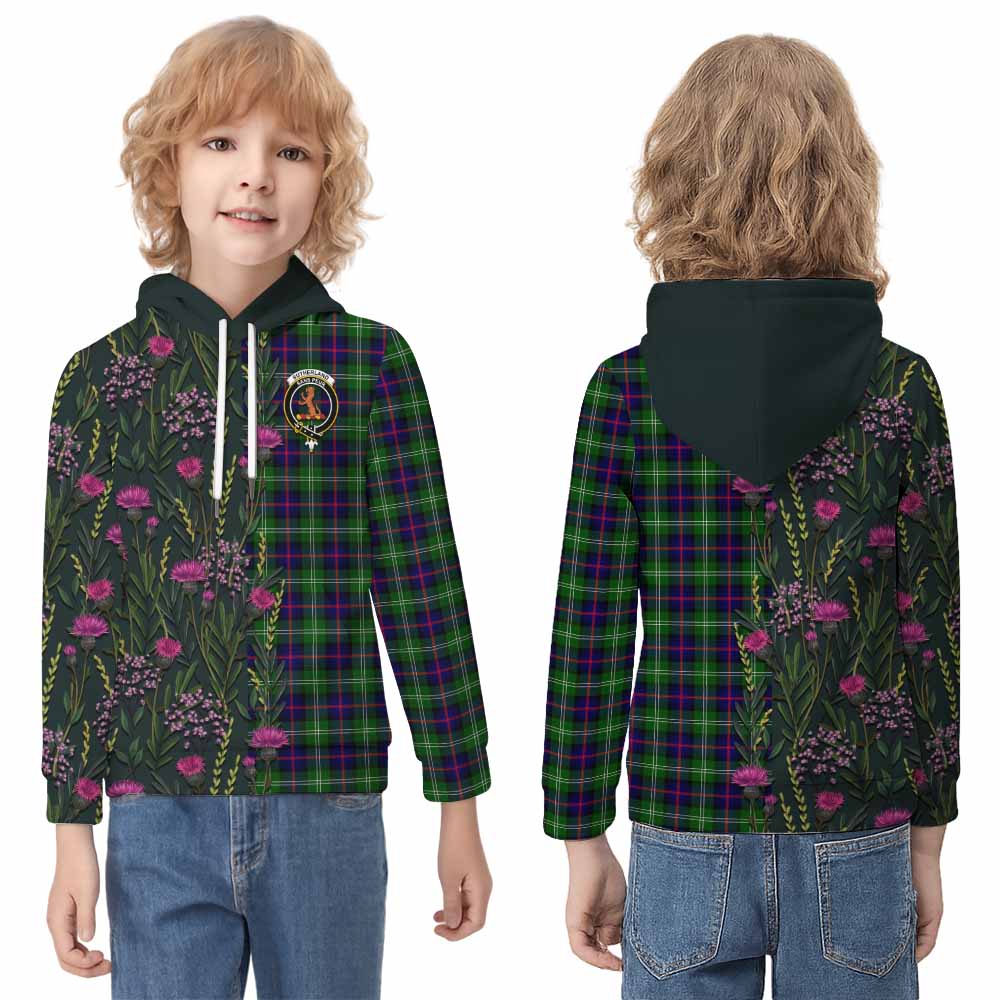 Sutherland Family Crest Tartan Kid Hoodie Scottish Thistle Flower Pattern Half Style - Tartan Vibes Clothing
