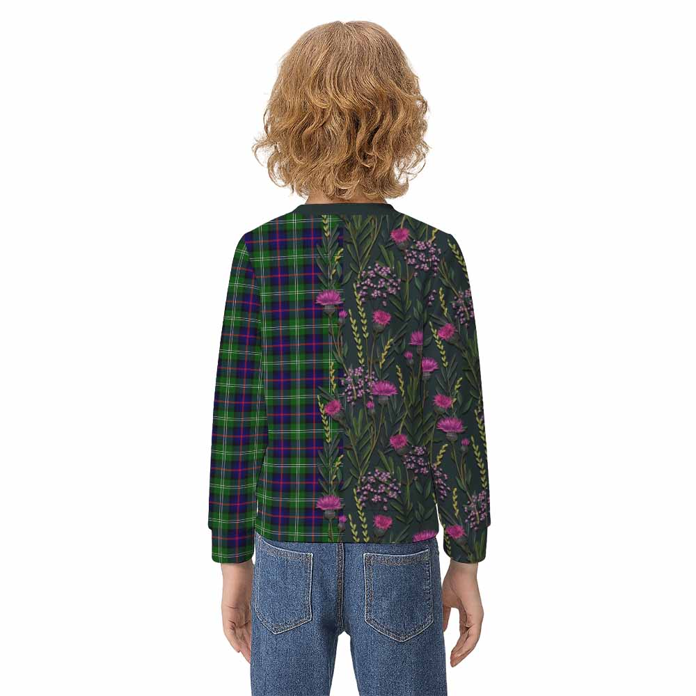 Sutherland Family Crest Tartan Kid Knitted Sweatshirt Scottish Thistle Flower Pattern Half Style - Tartan Vibes Clothing