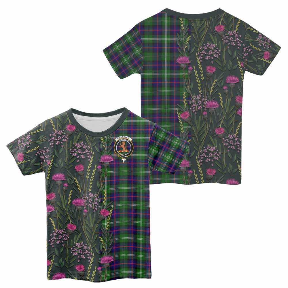 Sutherland Family Crest Tartan Kid T-shirt Scottish Thistle Flower Pattern Half Style - Tartan Vibes Clothing