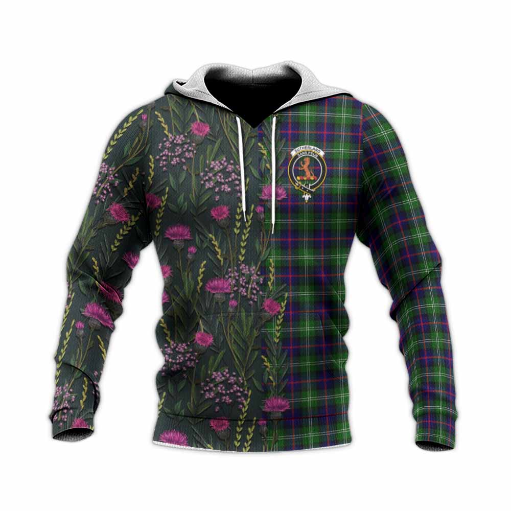 Sutherland Family Crest Tartan Knitted Hoodie Scottish Thistle Flower Pattern Half Style - Tartan Vibes Clothing
