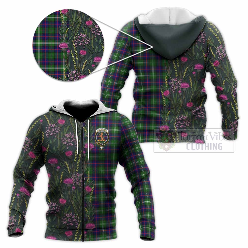 Sutherland Family Crest Tartan Knitted Hoodie Scottish Thistle Flower Pattern Half Style - Tartan Vibes Clothing