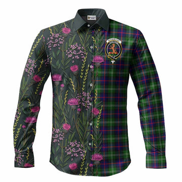 Sutherland Family Crest Tartan Long Sleeve Button Shirts Scottish Thistle Flower Pattern Half Style