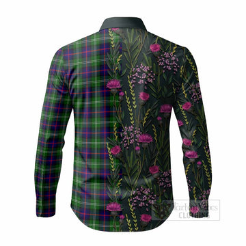 Sutherland Family Crest Tartan Long Sleeve Button Shirts Scottish Thistle Flower Pattern Half Style
