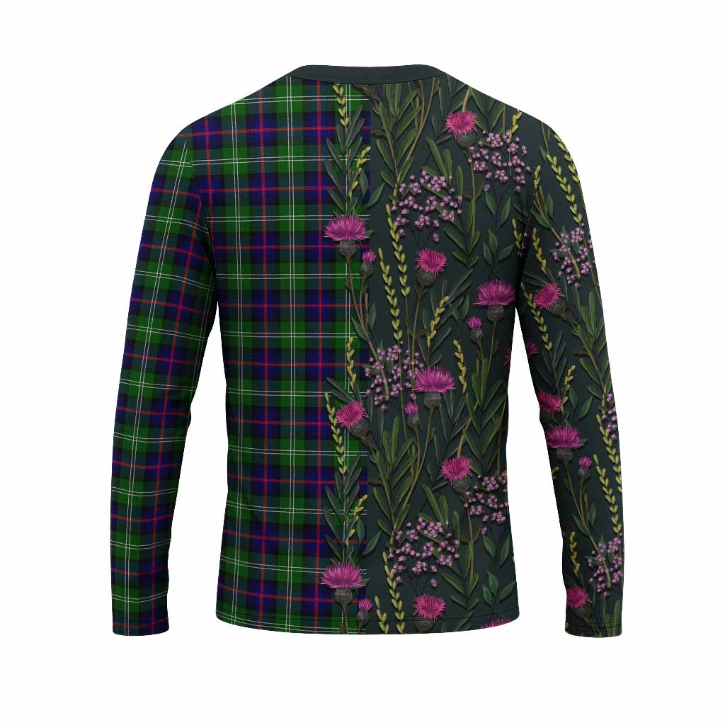 Sutherland Family Crest Tartan Long Sleeve T-Shirt Scottish Thistle Flower Pattern Half Style - Tartan Vibes Clothing