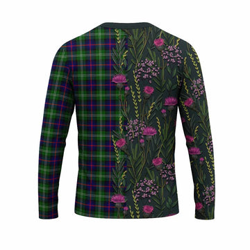 Sutherland Family Crest Tartan Long Sleeve T-Shirt Scottish Thistle Flower Pattern Half Style - Tartan Vibes Clothing