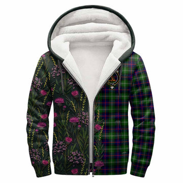 Sutherland Family Crest Tartan Sherpa Hoodie Scottish Thistle Flower Pattern Half Style