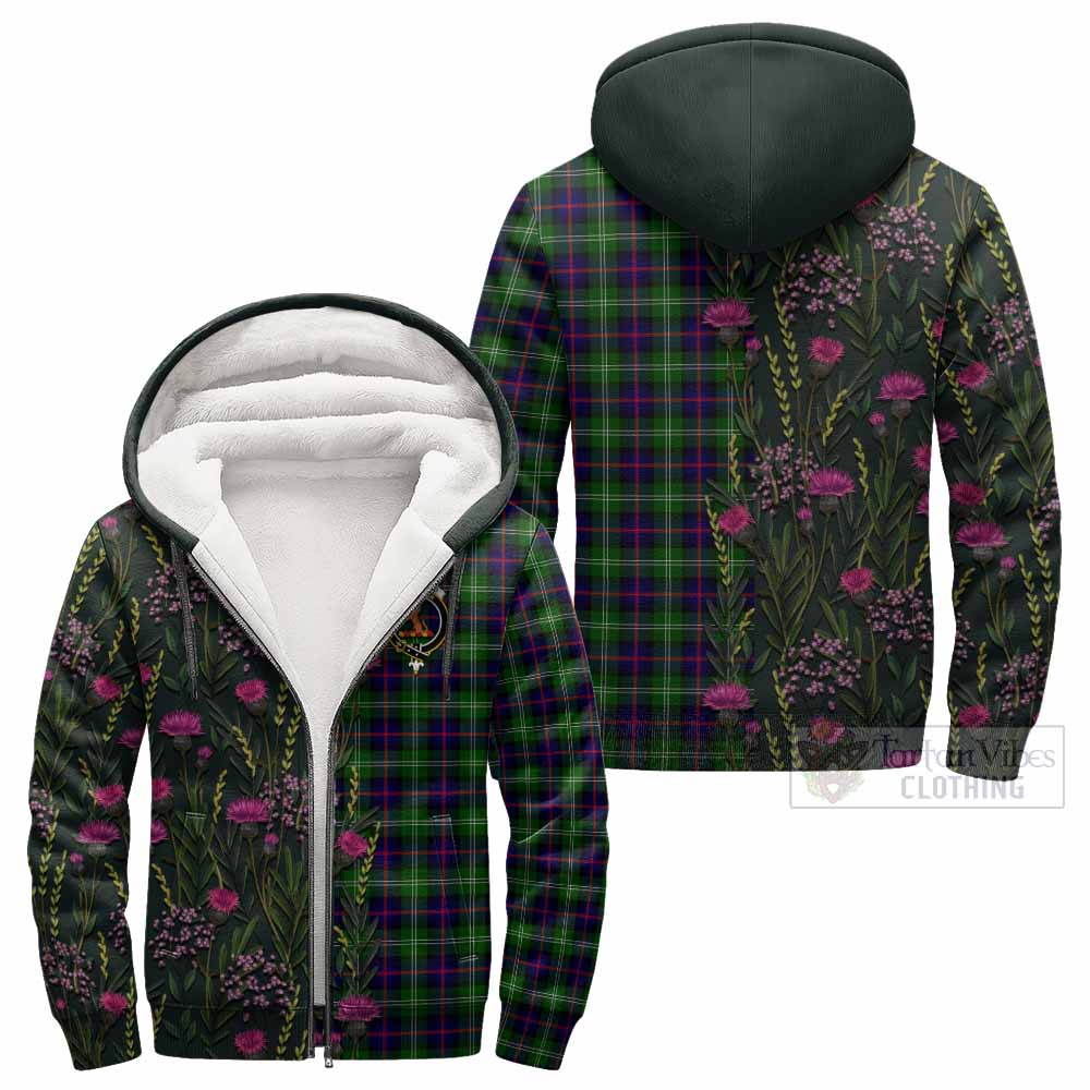 Sutherland Family Crest Tartan Sherpa Hoodie Scottish Thistle Flower Pattern Half Style - Tartan Vibes Clothing