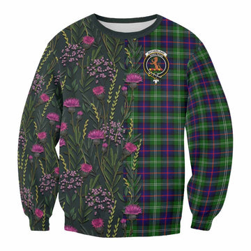 Sutherland Family Crest Tartan Sweatshirt Scottish Thistle Flower Pattern Half Style