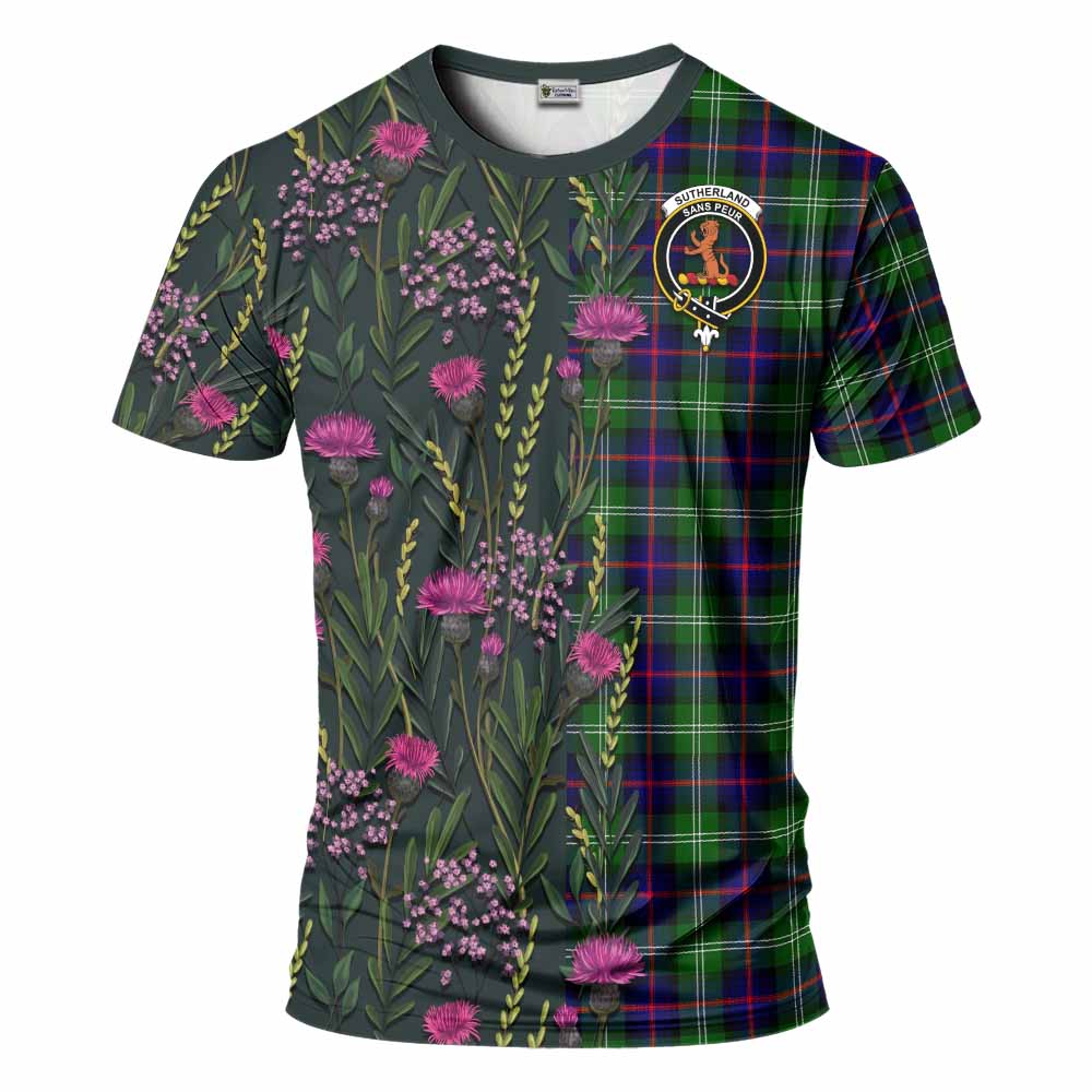 Sutherland Family Crest Tartan T-Shirt Scottish Thistle Flower Pattern Half Style - Tartan Vibes Clothing