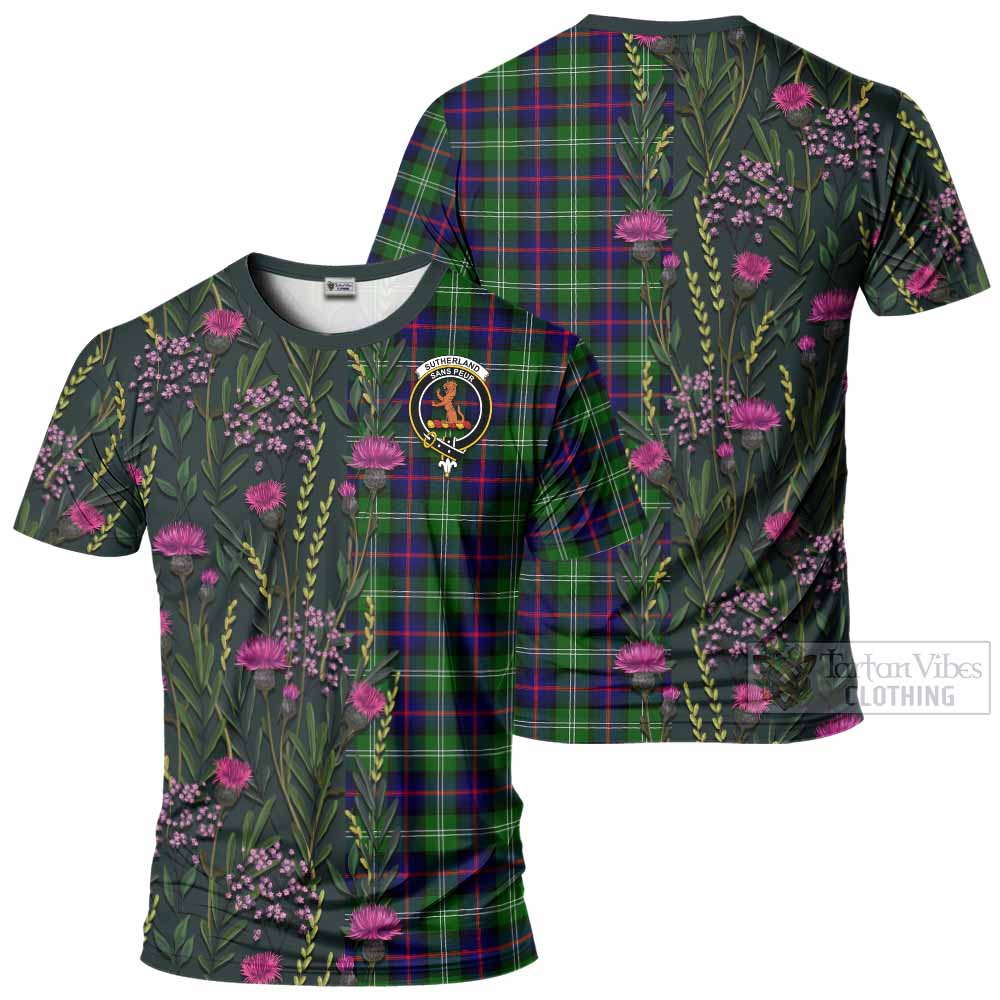 Sutherland Family Crest Tartan T-Shirt Scottish Thistle Flower Pattern Half Style - Tartan Vibes Clothing