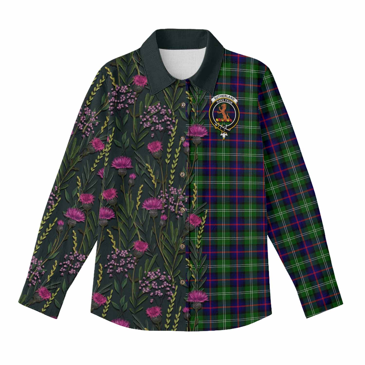 Sutherland Family Crest Tartan Women Casual Shirt Scottish Thistle Flower Pattern Half Style - Tartan Vibes Clothing