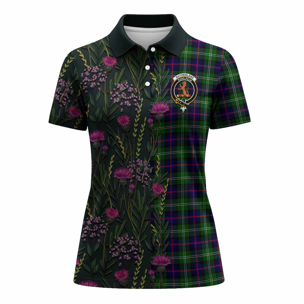 Sutherland Family Crest Tartan Women Polo Shirt Scottish Thistle Flower Pattern Half Style - Tartan Vibes Clothing