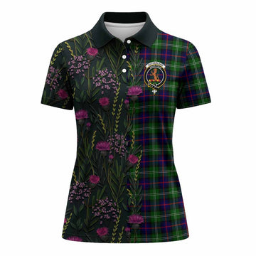 Sutherland Family Crest Tartan Women Polo Shirt Scottish Thistle Flower Pattern Half Style