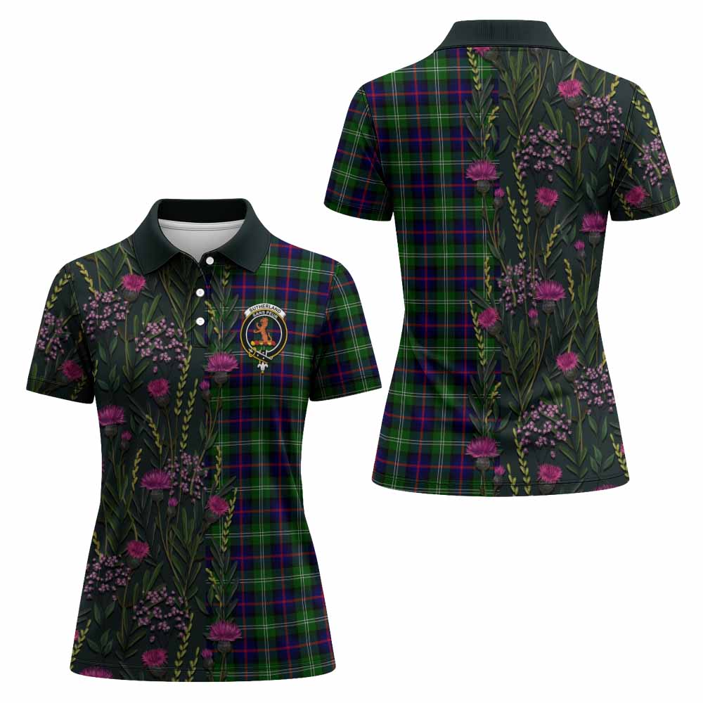 Sutherland Family Crest Tartan Women Polo Shirt Scottish Thistle Flower Pattern Half Style - Tartan Vibes Clothing