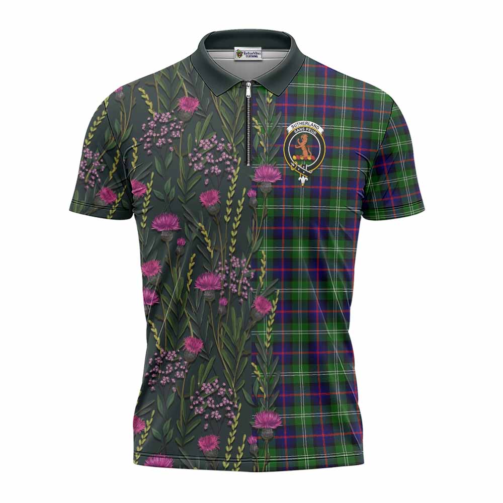 Sutherland Family Crest Tartan Zipper Polo Shirt Scottish Thistle Flower Pattern Half Style - Tartan Vibes Clothing