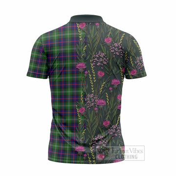Sutherland Family Crest Tartan Zipper Polo Shirt Scottish Thistle Flower Pattern Half Style - Tartan Vibes Clothing