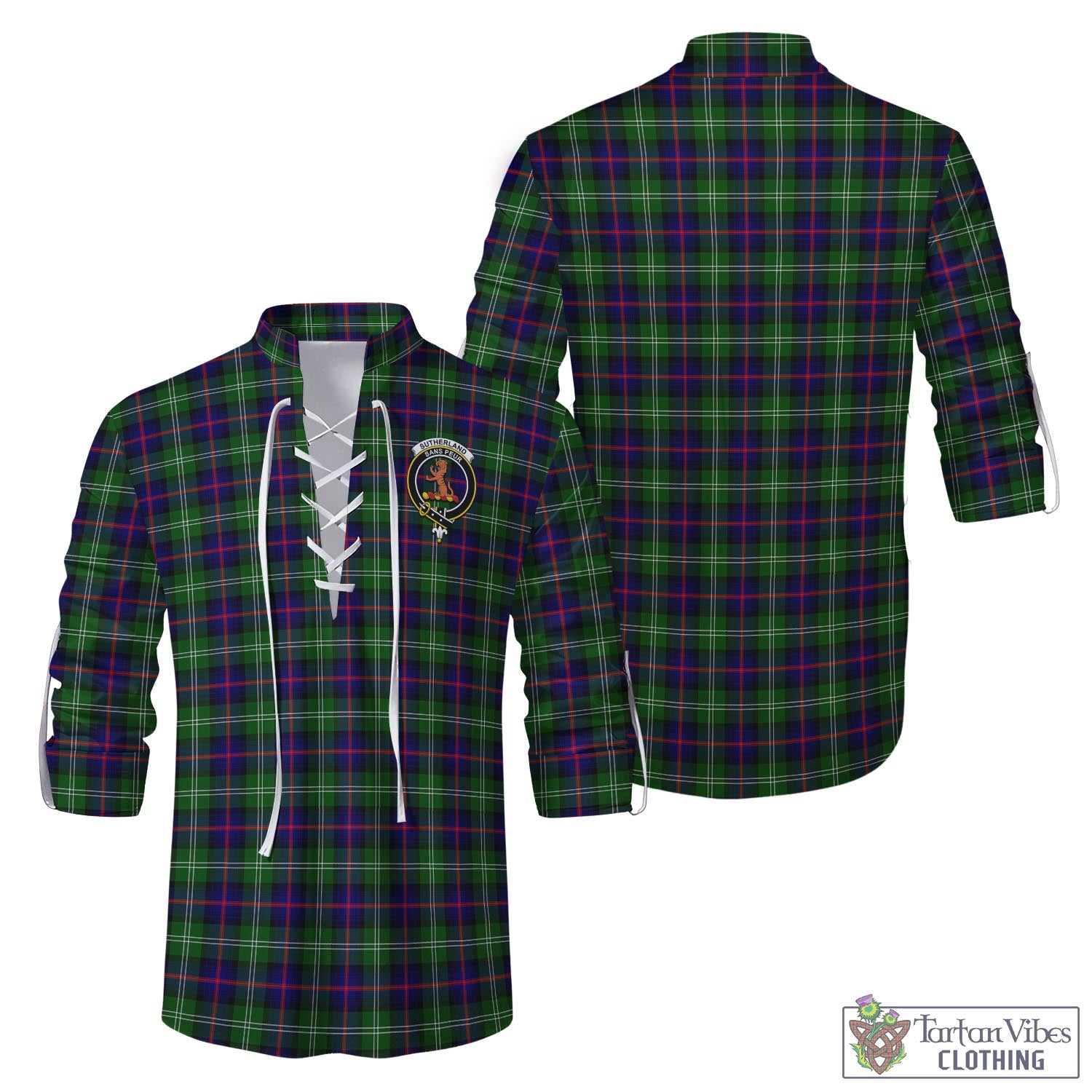 Tartan Vibes Clothing Sutherland Modern Tartan Men's Scottish Traditional Jacobite Ghillie Kilt Shirt with Family Crest