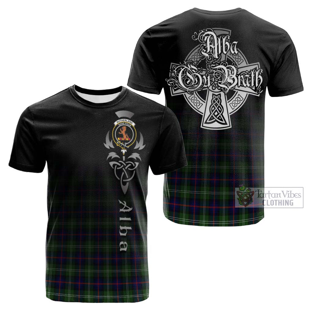 Tartan Vibes Clothing Sutherland Modern Tartan Cotton T-shirt Featuring Alba Gu Brath Family Crest Celtic Inspired