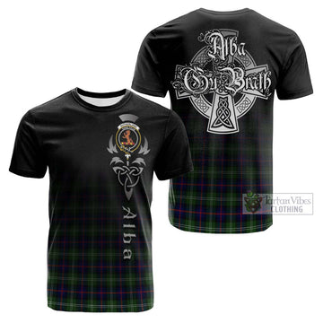 Sutherland Tartan Cotton T-shirt Featuring Alba Gu Brath Family Crest Celtic Inspired