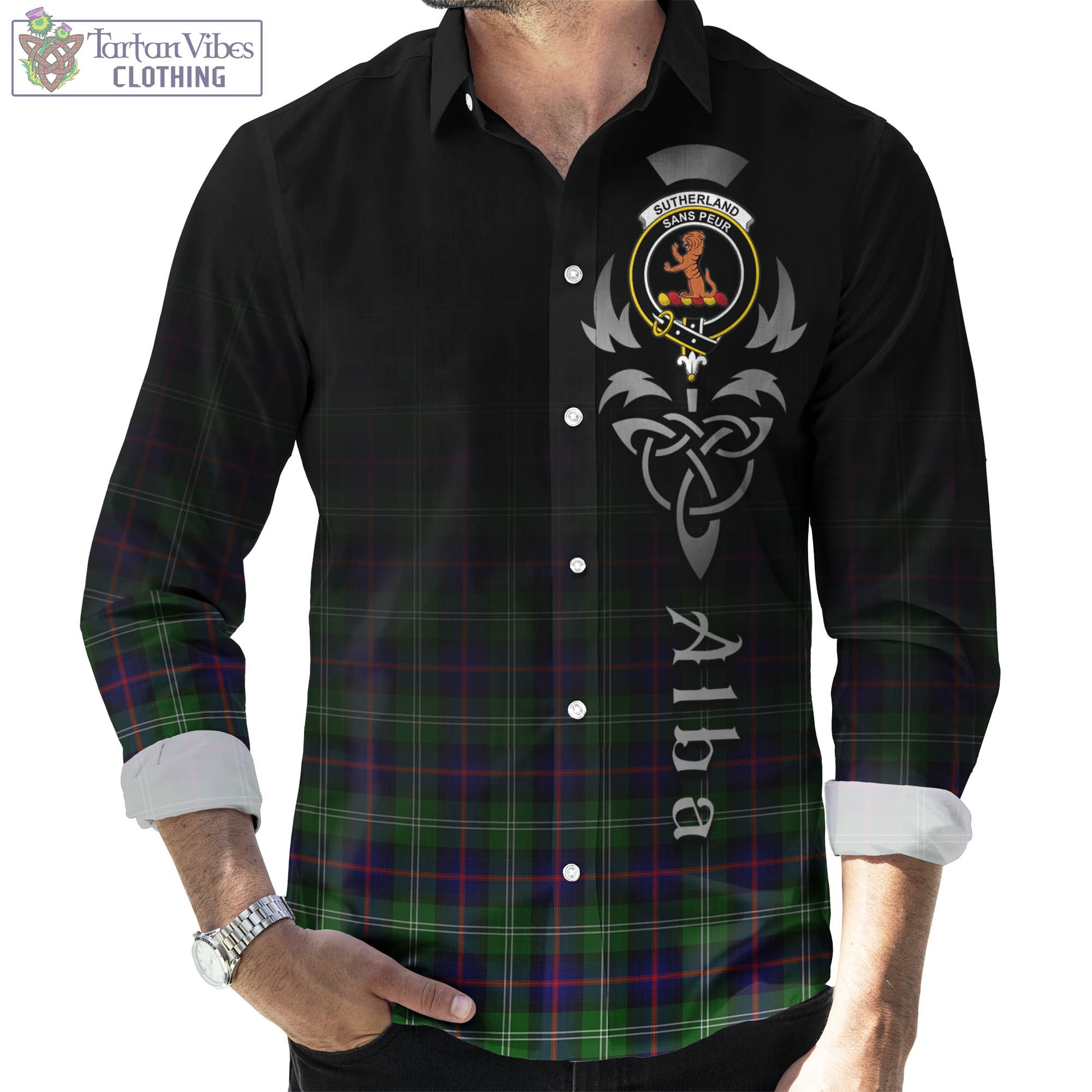 Tartan Vibes Clothing Sutherland Modern Tartan Long Sleeve Button Up Featuring Alba Gu Brath Family Crest Celtic Inspired
