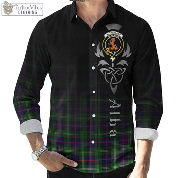 Sutherland Tartan Long Sleeve Button Up Featuring Alba Gu Brath Family Crest Celtic Inspired
