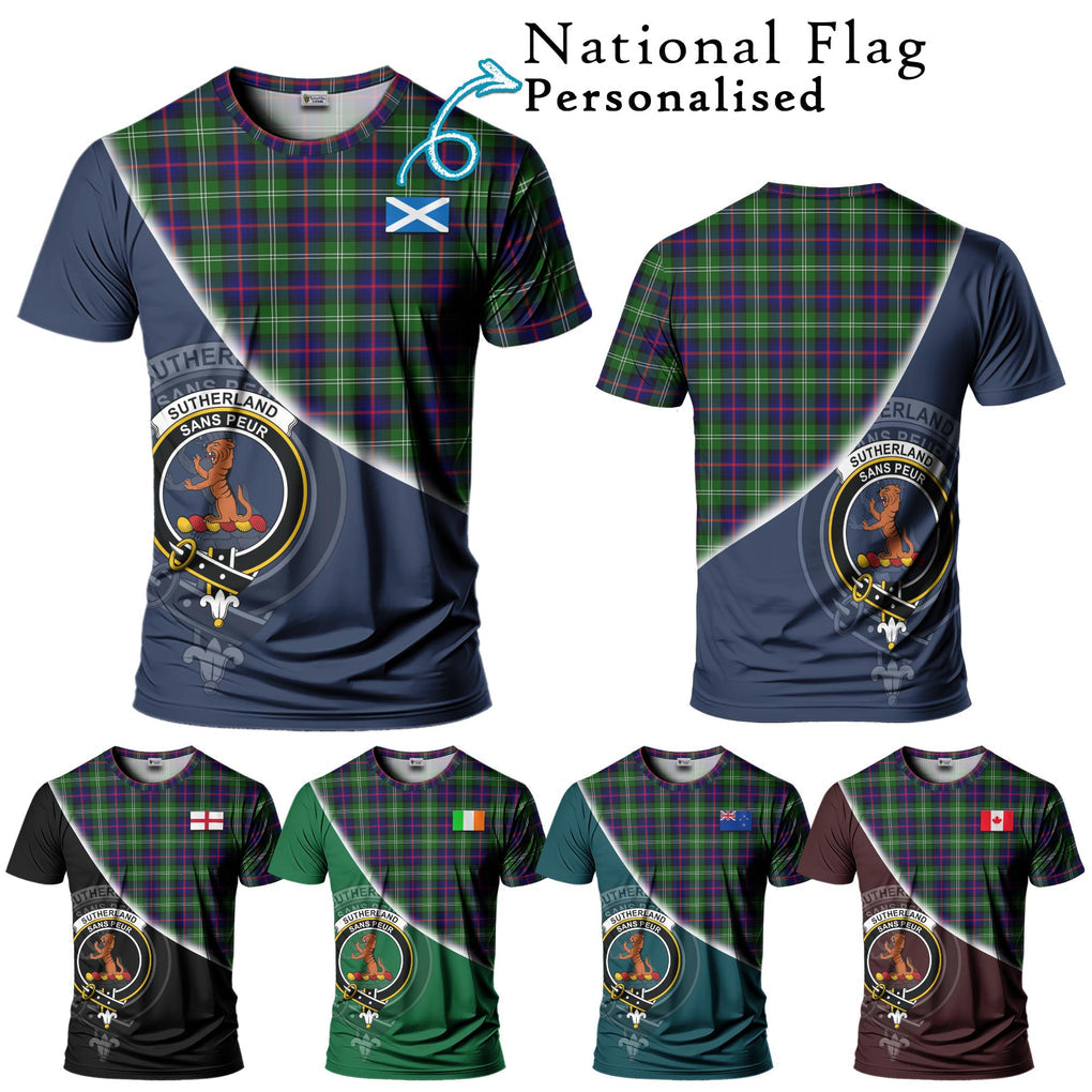 Sutherland Tartan T-Shirt with Personalised National Flag and Family Crest Half Style Kid's Shirt - Tartanvibesclothing Shop