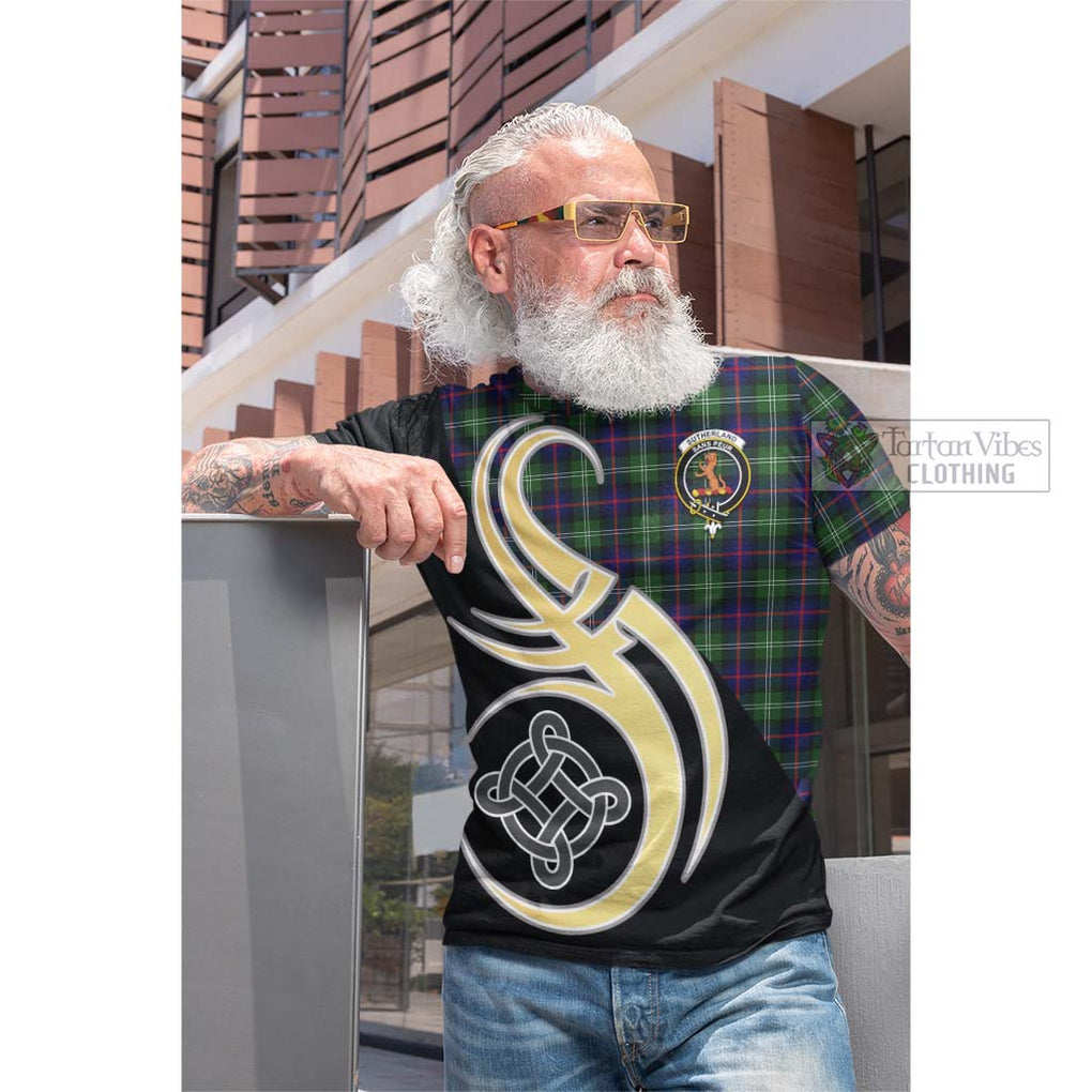 Tartan Vibes Clothing Sutherland Modern Tartan Cotton T-shirt with Family Crest and Celtic Symbol Style