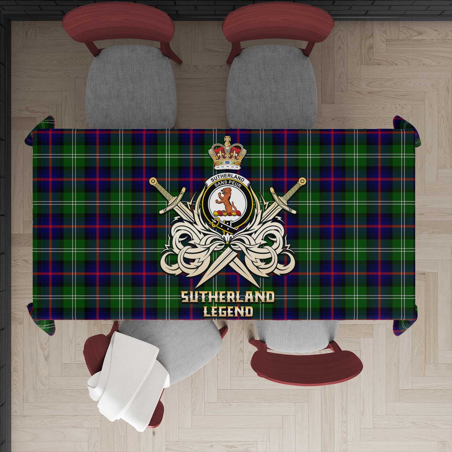 Tartan Vibes Clothing Sutherland Modern Tartan Tablecloth with Clan Crest and the Golden Sword of Courageous Legacy